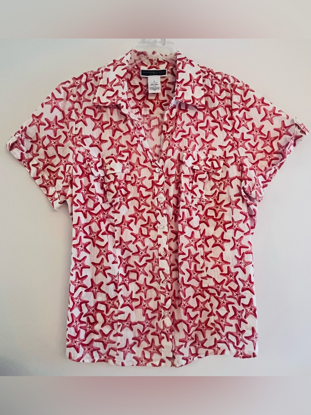 Karen Scott Coastal Grandma Red Starfish Roll Tab Button Front Linen Look Shirt